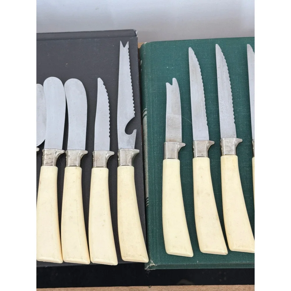 Vintage Lifetime Cutlery Sheffield England 15pc MCM Gold Floral Faux Wood Handle